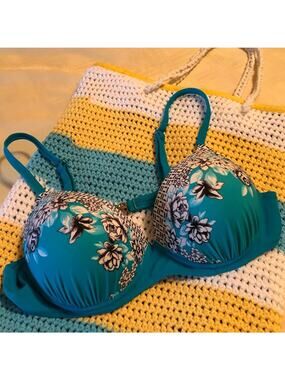 Turquoise Padded Bikini Top White Flowers US 12/13